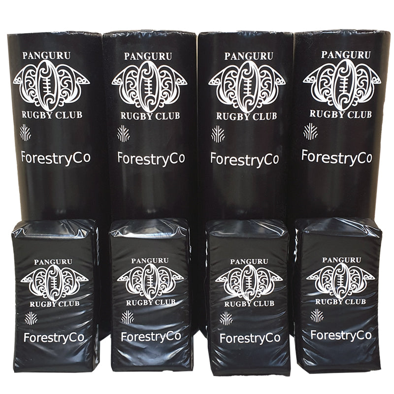 Multiple black bags with Panguru Rugby Club and ForestryCo branding on a white background