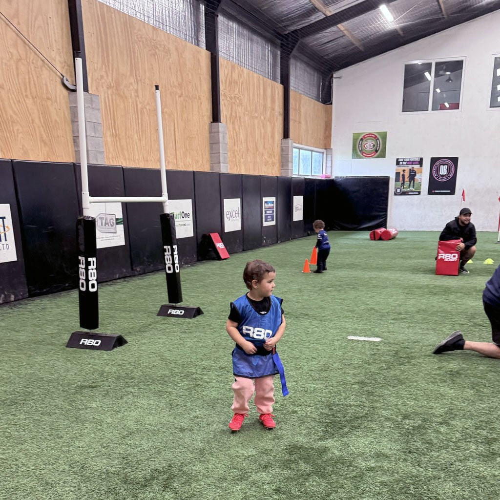 R80 Junior Portable Rugby Goal Posts All Surface Set - With Protector Pads